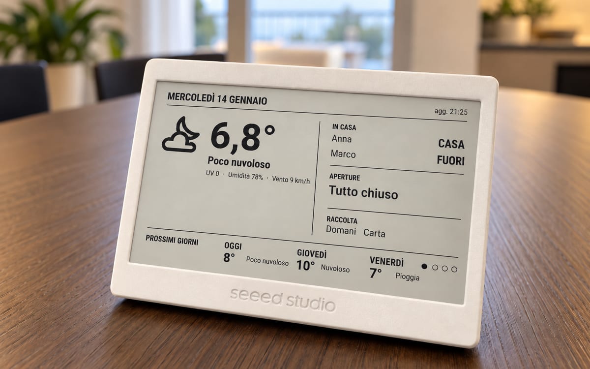 E-paper panel on a table showing the today page: weather, who is home, doors all closed, bin collection and a three-day forecast