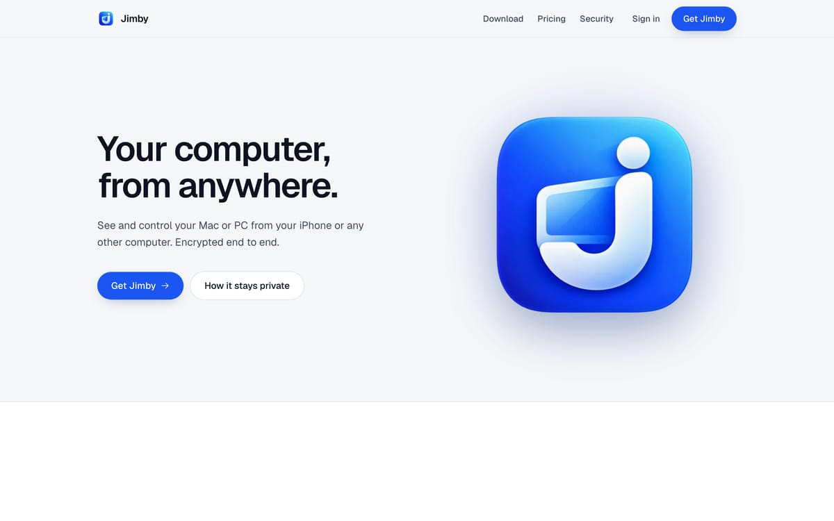 Jimby landing page: your computer, from anywhere