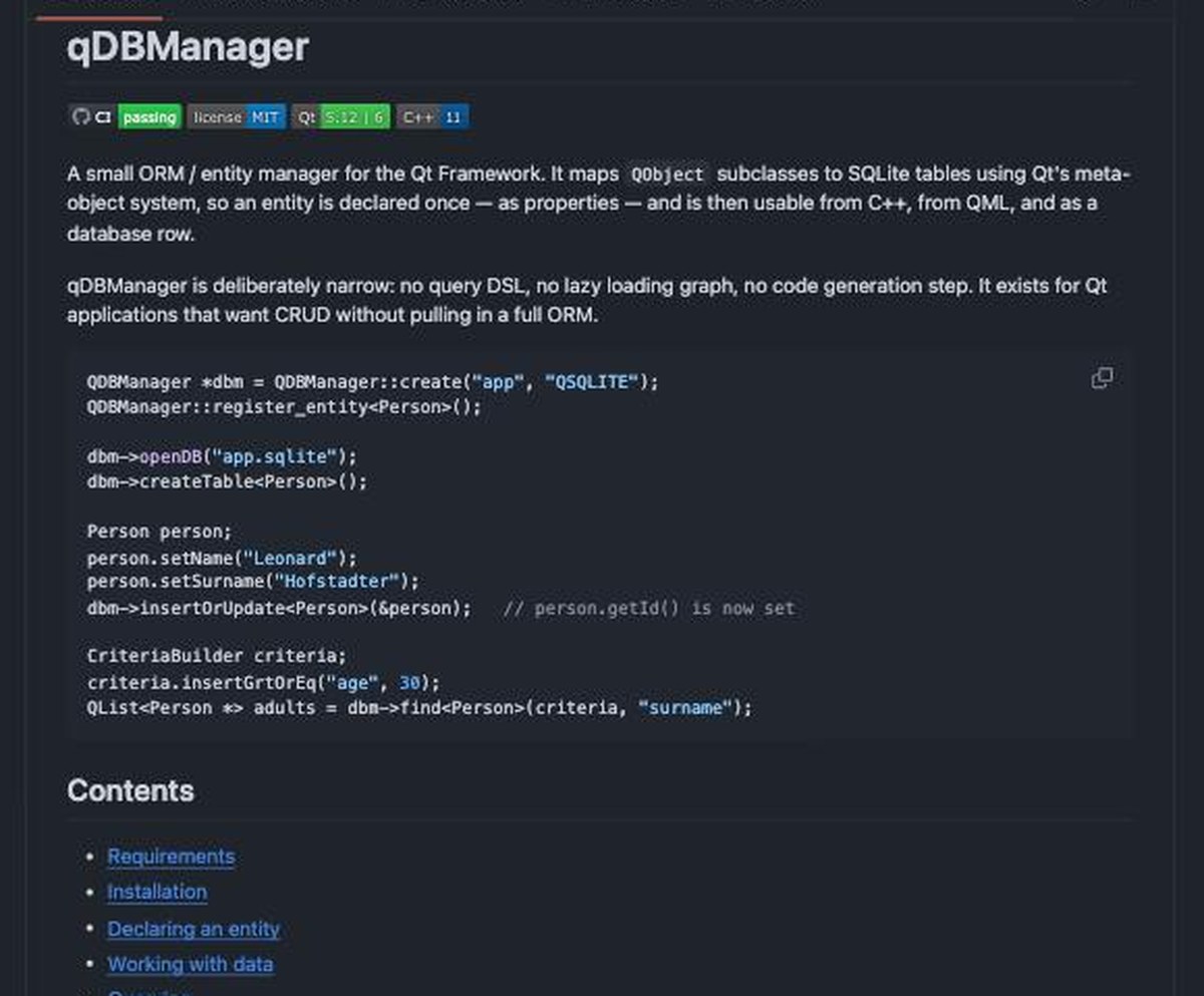 qDBManager repository README showing the C++ usage example