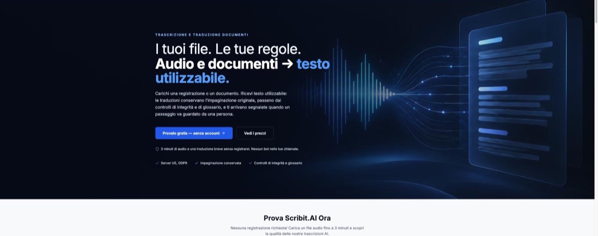 Scribit.ai landing page for transcription and document translation
