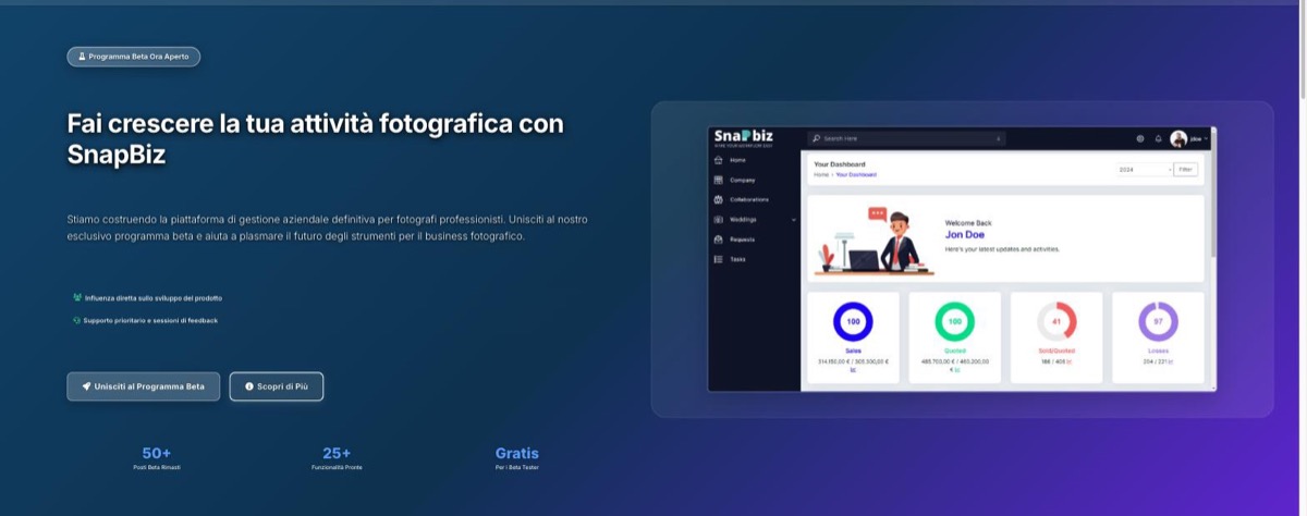 SnapBiz landing page showing the studio dashboard